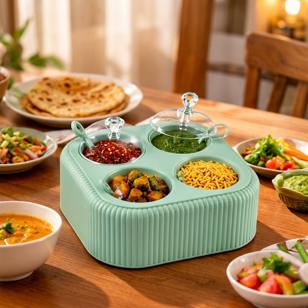 Four jar dining stand with transparent lids and spoons 03