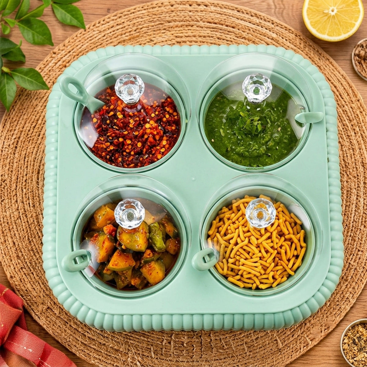 Four jar dining stand with transparent lids and spoons 06