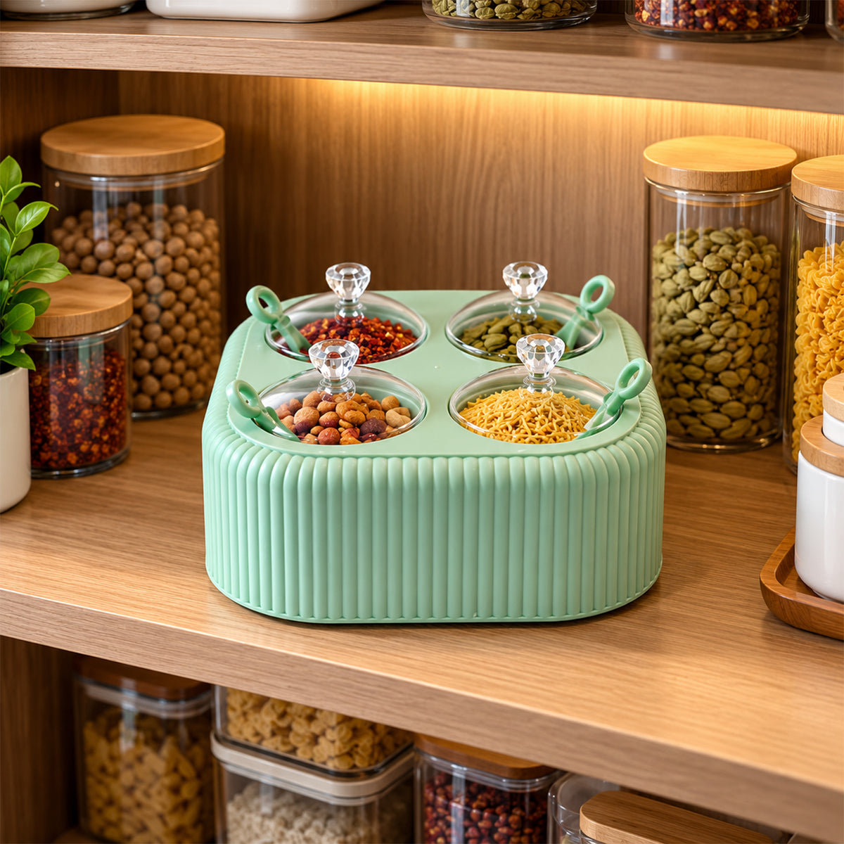 Four jar dining stand with transparent lids and spoons 08
