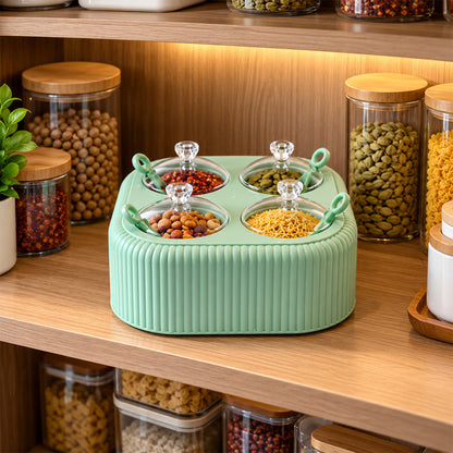 Four jar dining stand with transparent lids and spoons 08
