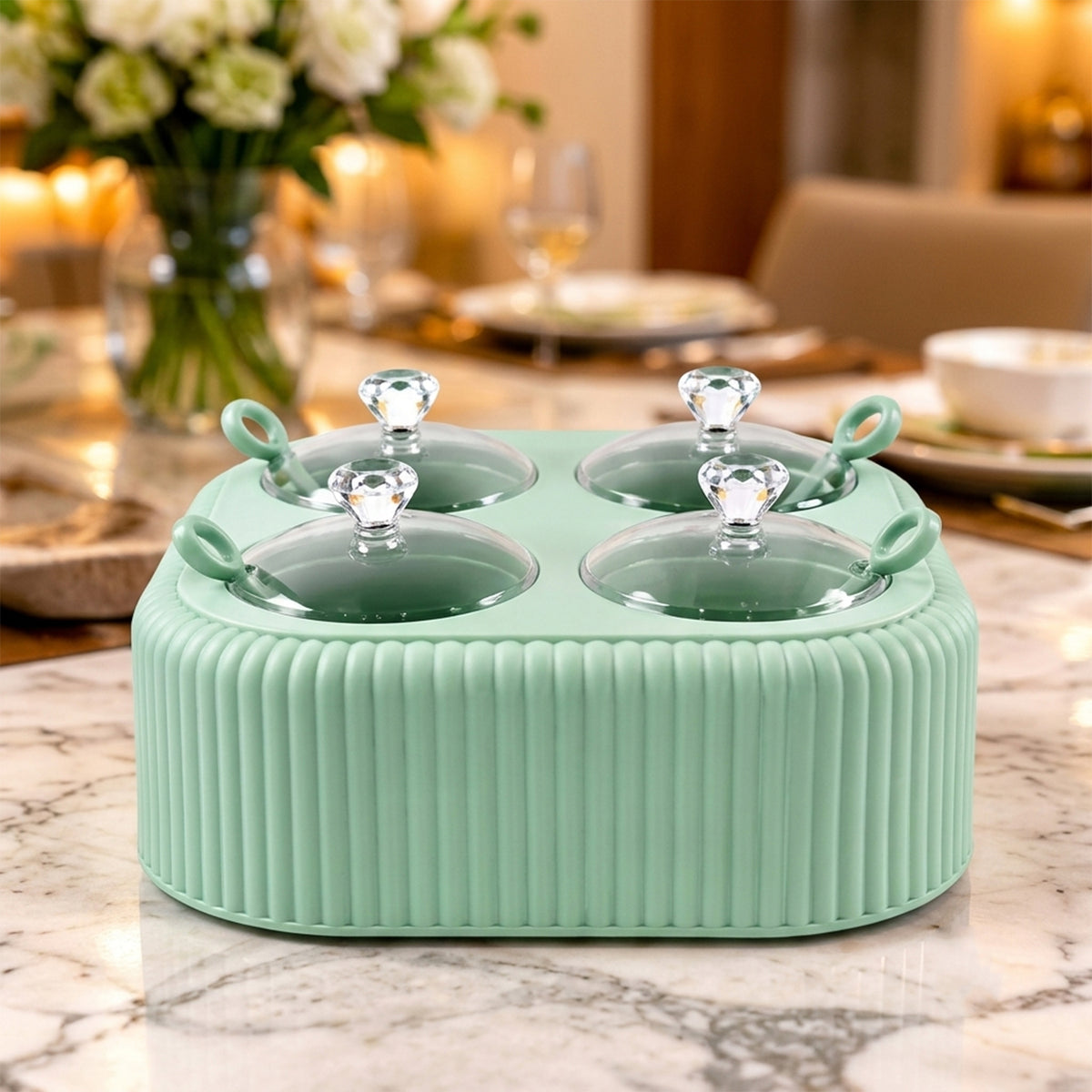 Four jar dining stand with transparent lids and spoons 7