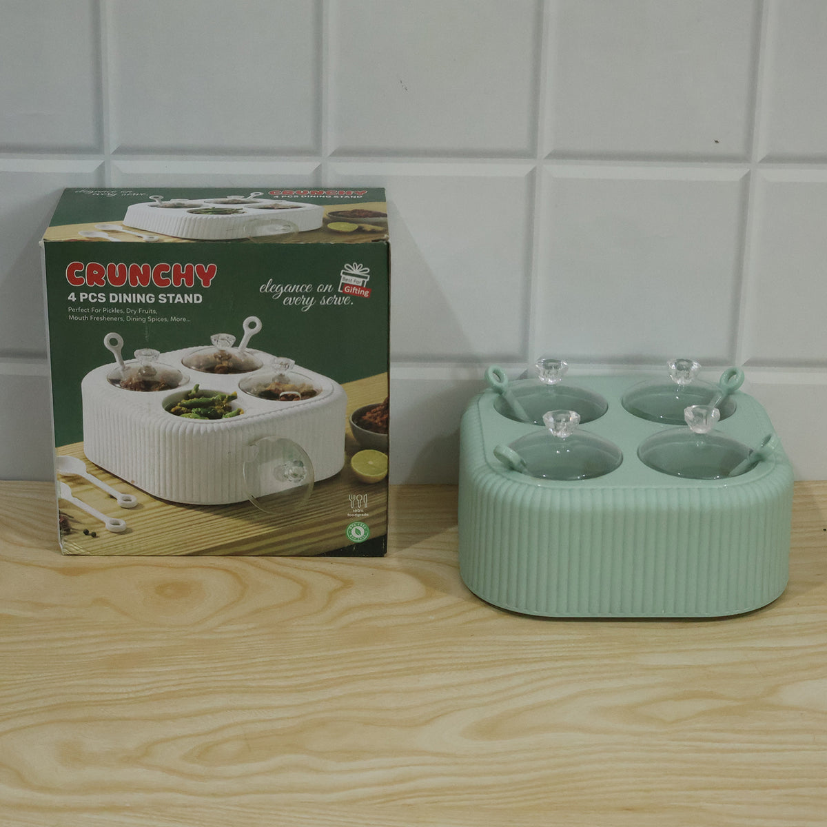Four jar dining stand with transparent lids and spoons live