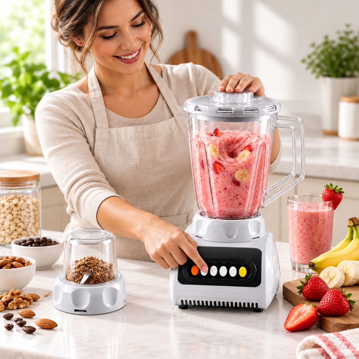 A woman uses a white and black blender with a clear jar filled with a pink smoothie, a grinder cup sits beside it.