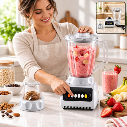 A woman operates a white and black blender with a pink smoothie, an inset shows the full product and grinder – view 9