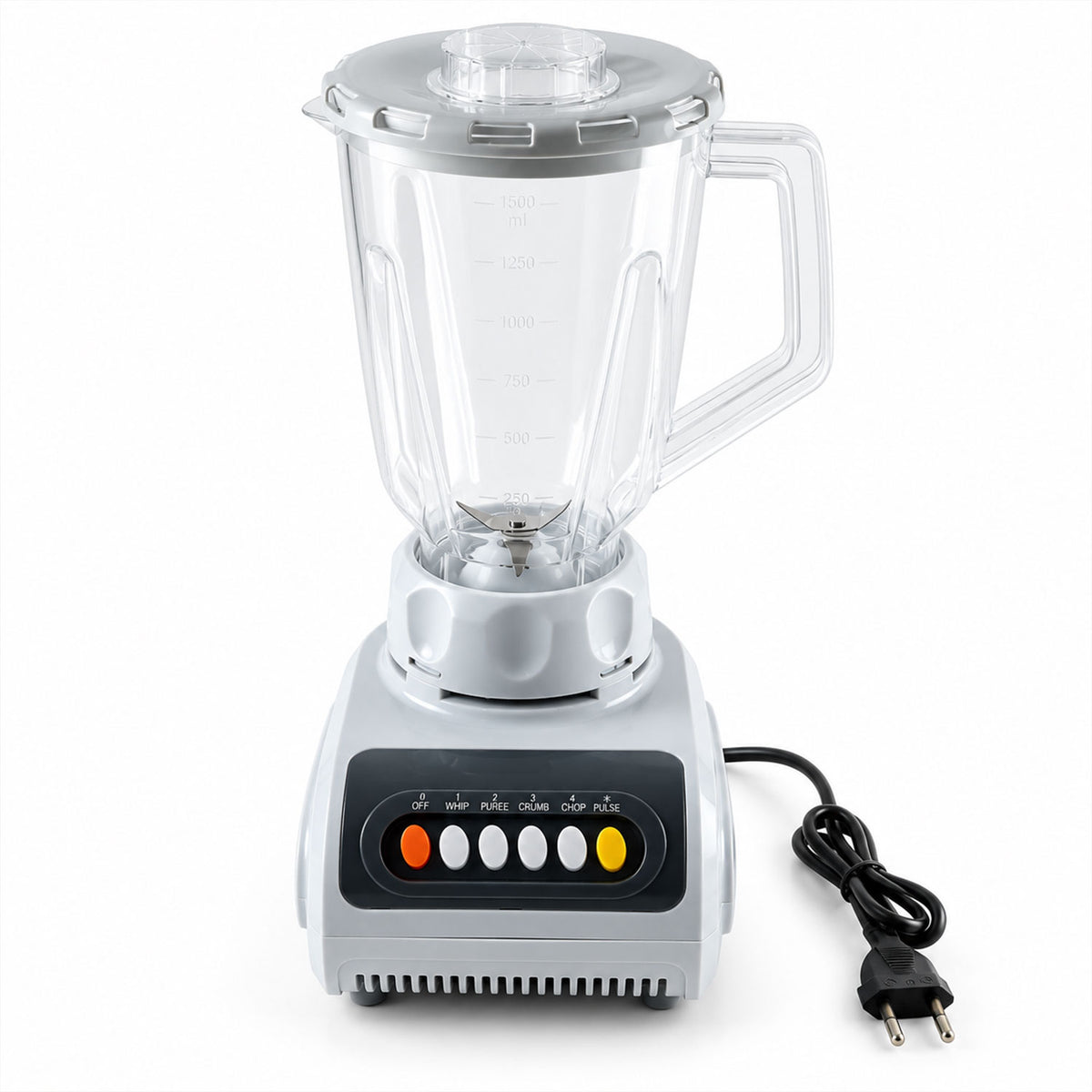 A white and black blender with a clear jar and lid, featuring a power cord with a European plug, on a white background.