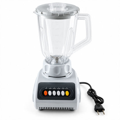 A white and black blender with a clear jar and lid, featuring a power cord with a European plug, on a white background.
