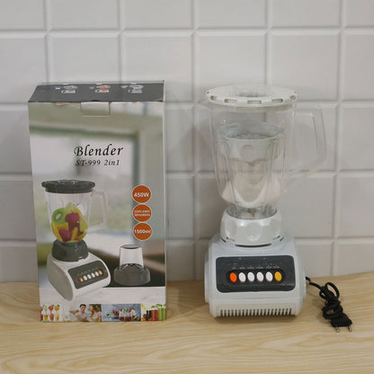 A white and black blender with its packaging box, both featuring product images and specifications, on a wooden surface.