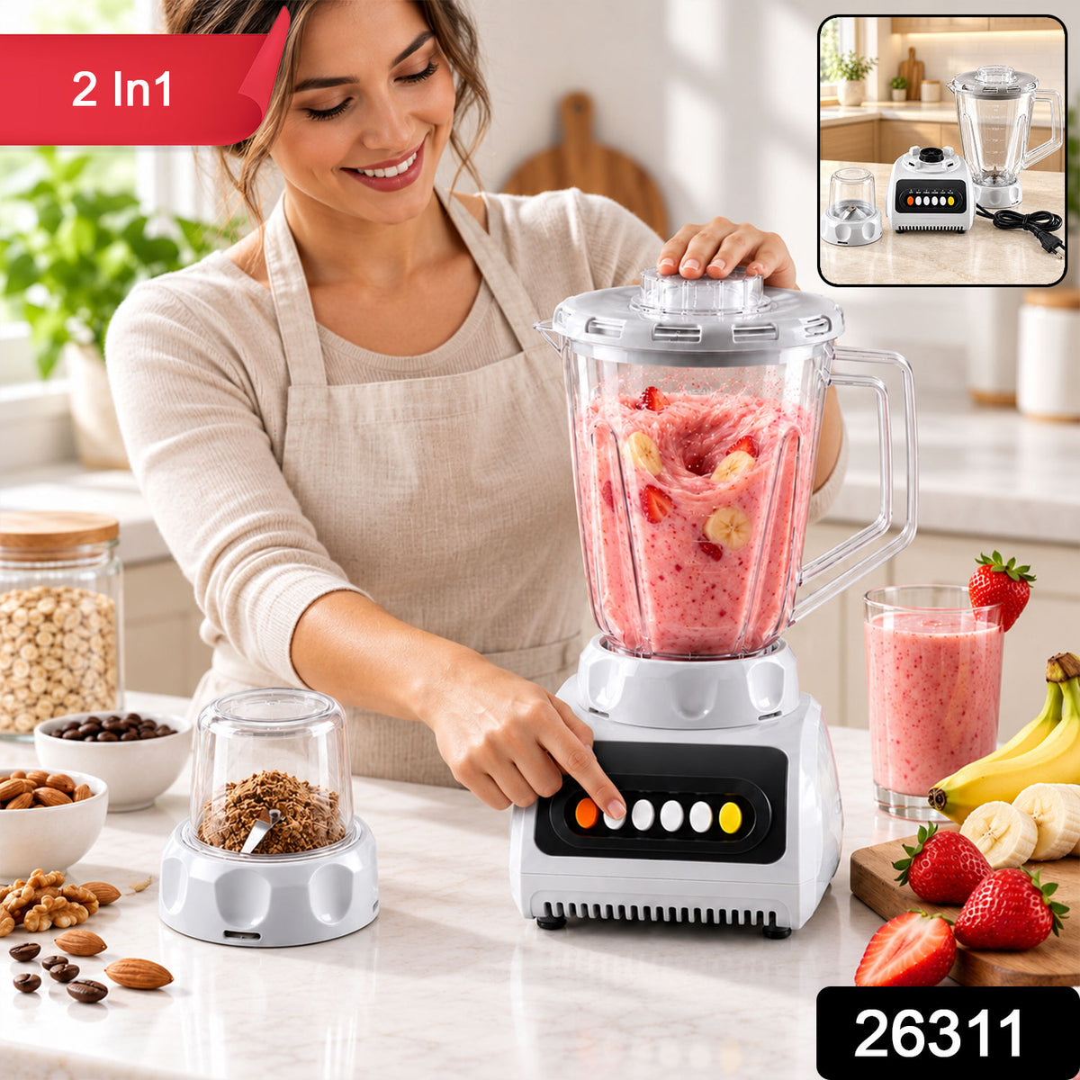 A woman operates a white and black blender with a pink smoothie, an inset shows the full product and grinder attachment.