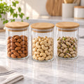 Glass Storage Jars with Bamboo Lids for Kitchen and Dry Fruits (3 Pc Set)