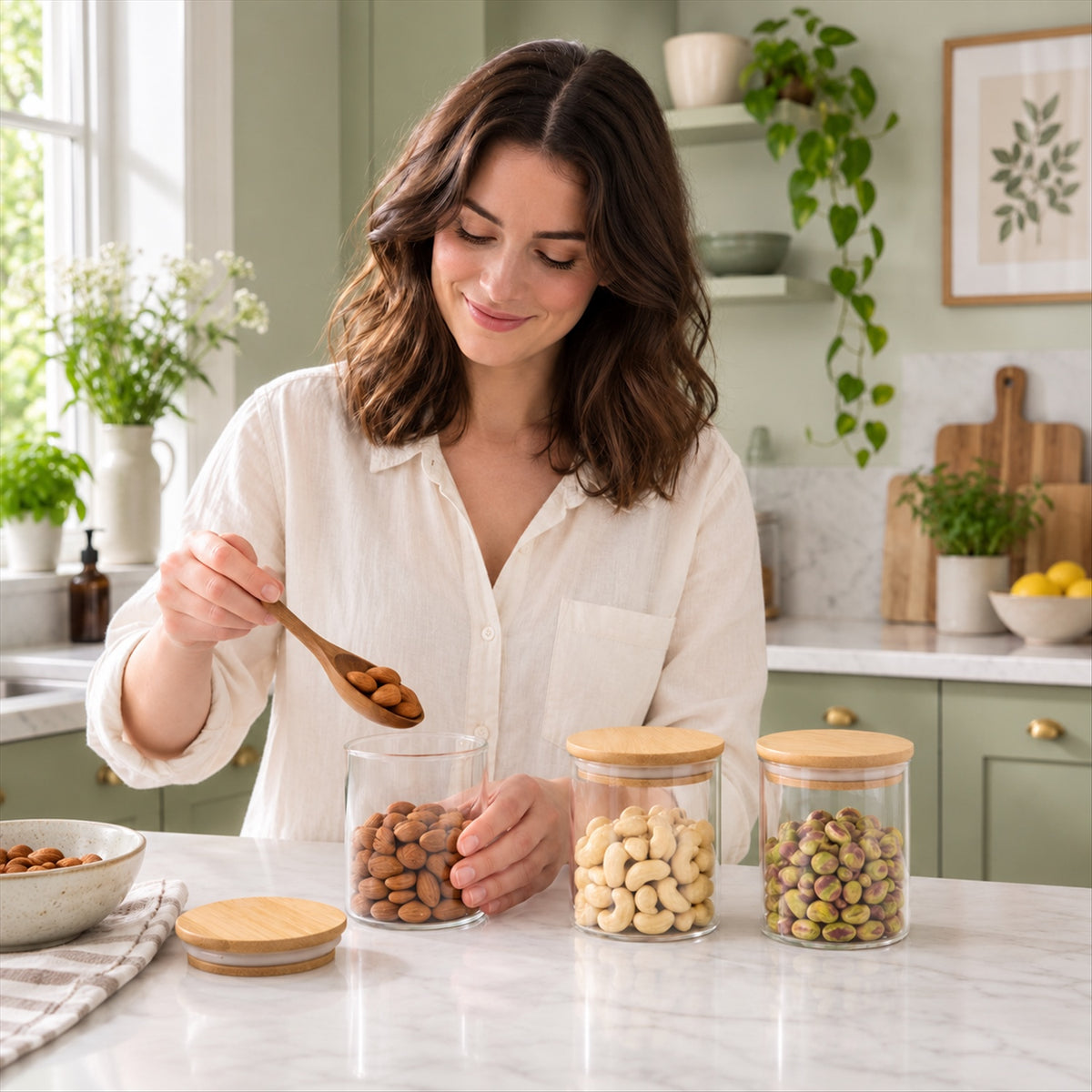 A woman in a white shirt smiles while scooping almonds from a bowl into a glass jar with a wooden spoon.