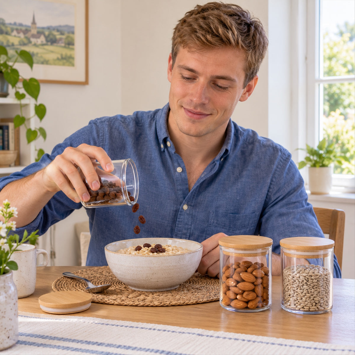 A man in a blue shirt pours raisins from a small glass jar into a bowl of oatmeal on a wooden table.