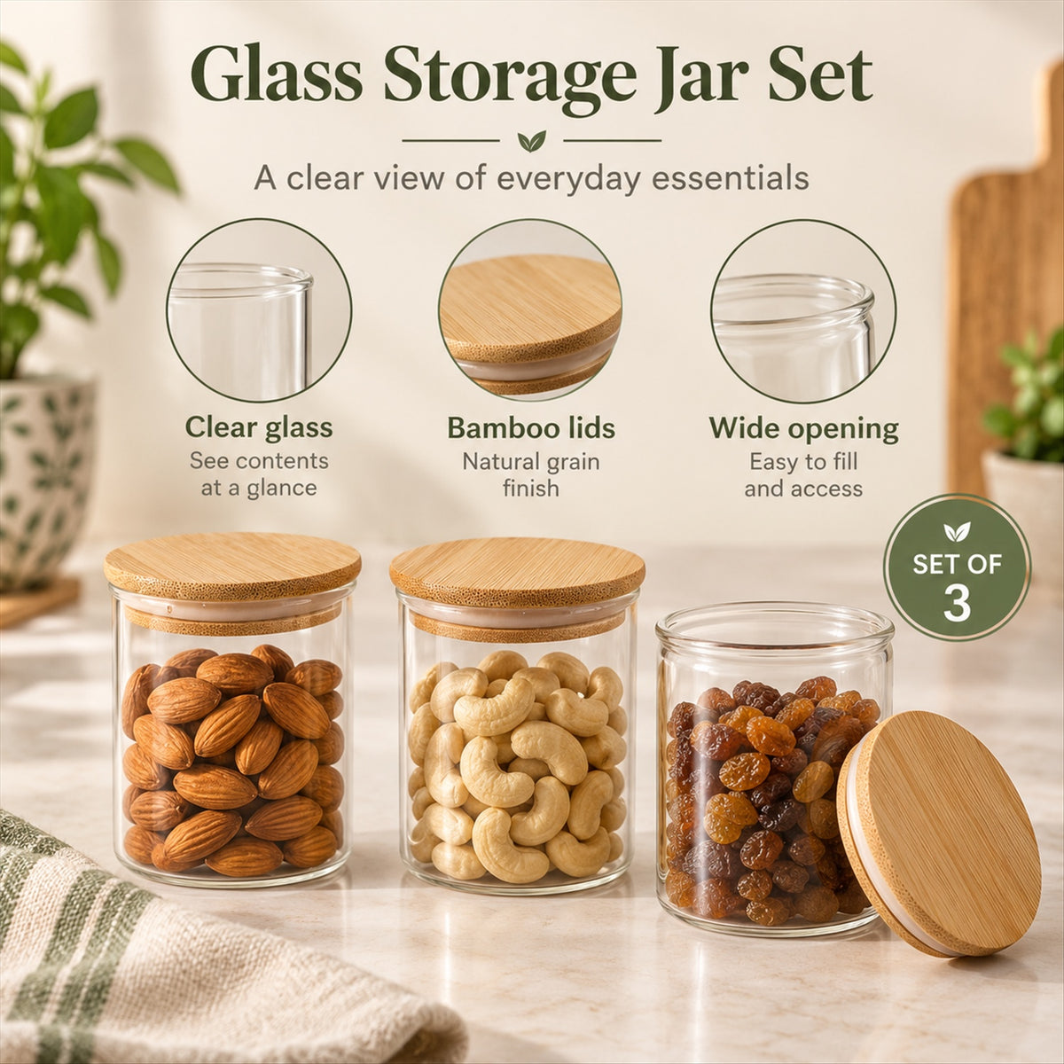 Three glass jars with bamboo lids, one open, filled with almonds, cashews, and raisins, with feature callouts.