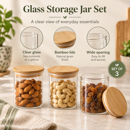 Three glass jars with bamboo lids, one open, filled with almonds, cashews, and raisins, with feature callouts.