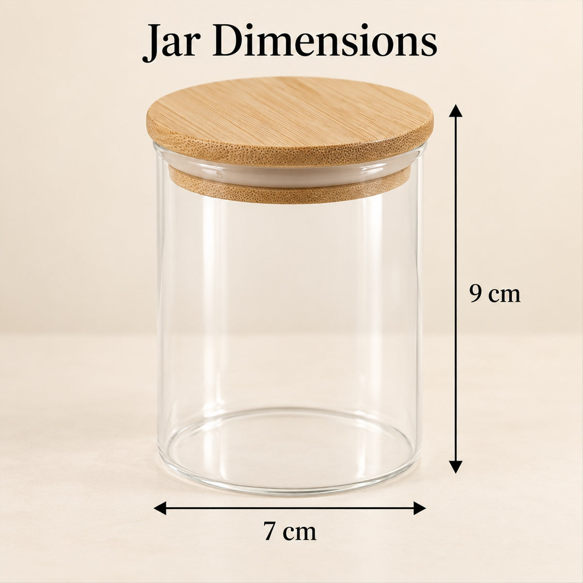 A single empty clear glass jar with a bamboo lid, showing its dimensions of 9 cm height and 7 cm width.