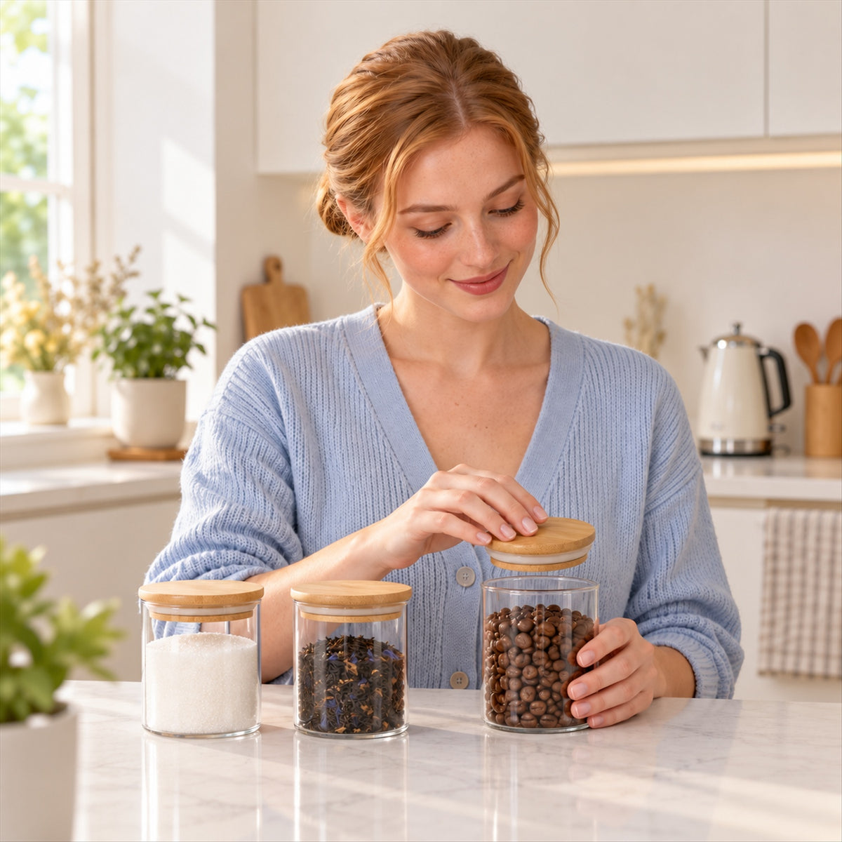 A woman in a light blue cardigan places a bamboo lid on a glass jar filled with coffee beans, next to two other jars.