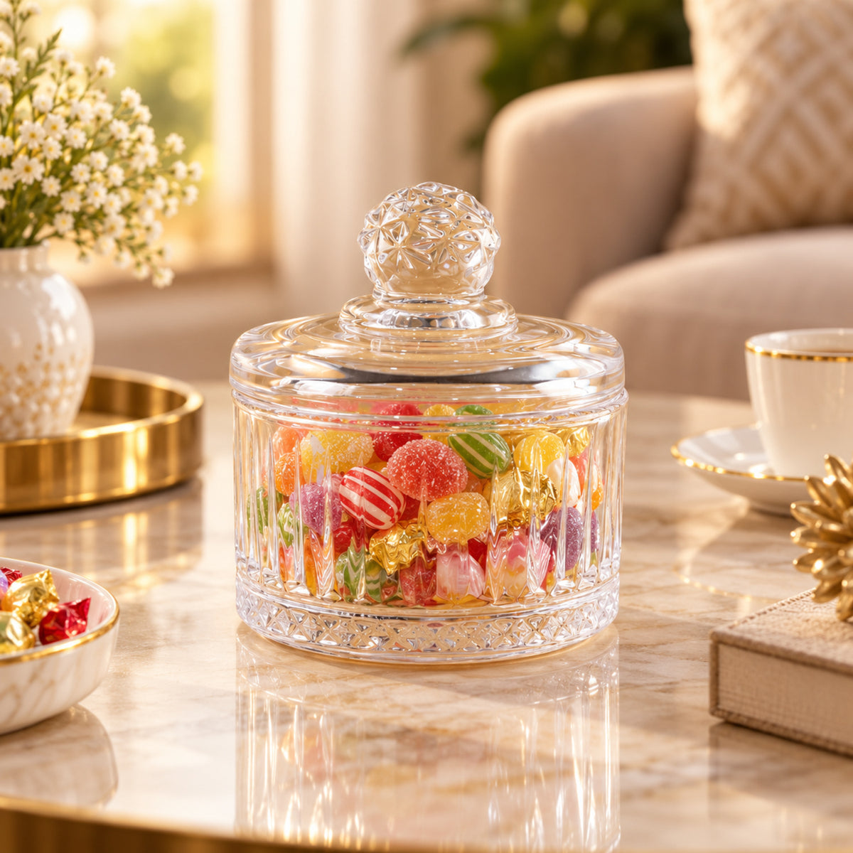 Clear ribbed glass candy bowl filled with colorful sweets, sitting on a marble table with white flowers in background.