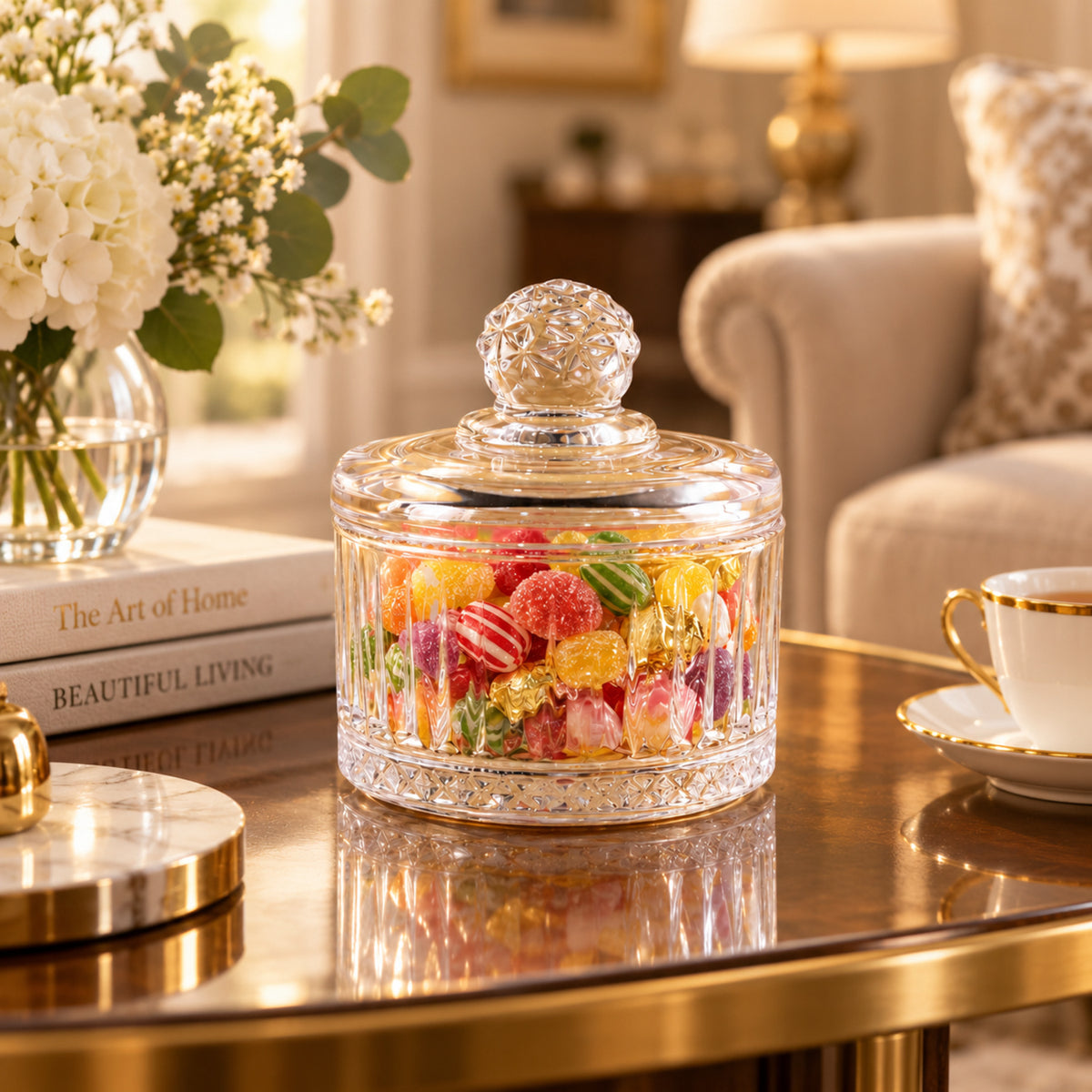 Elegant glass candy bowl with lid, containing assorted candies, placed on a coffee table with books and a teacup.