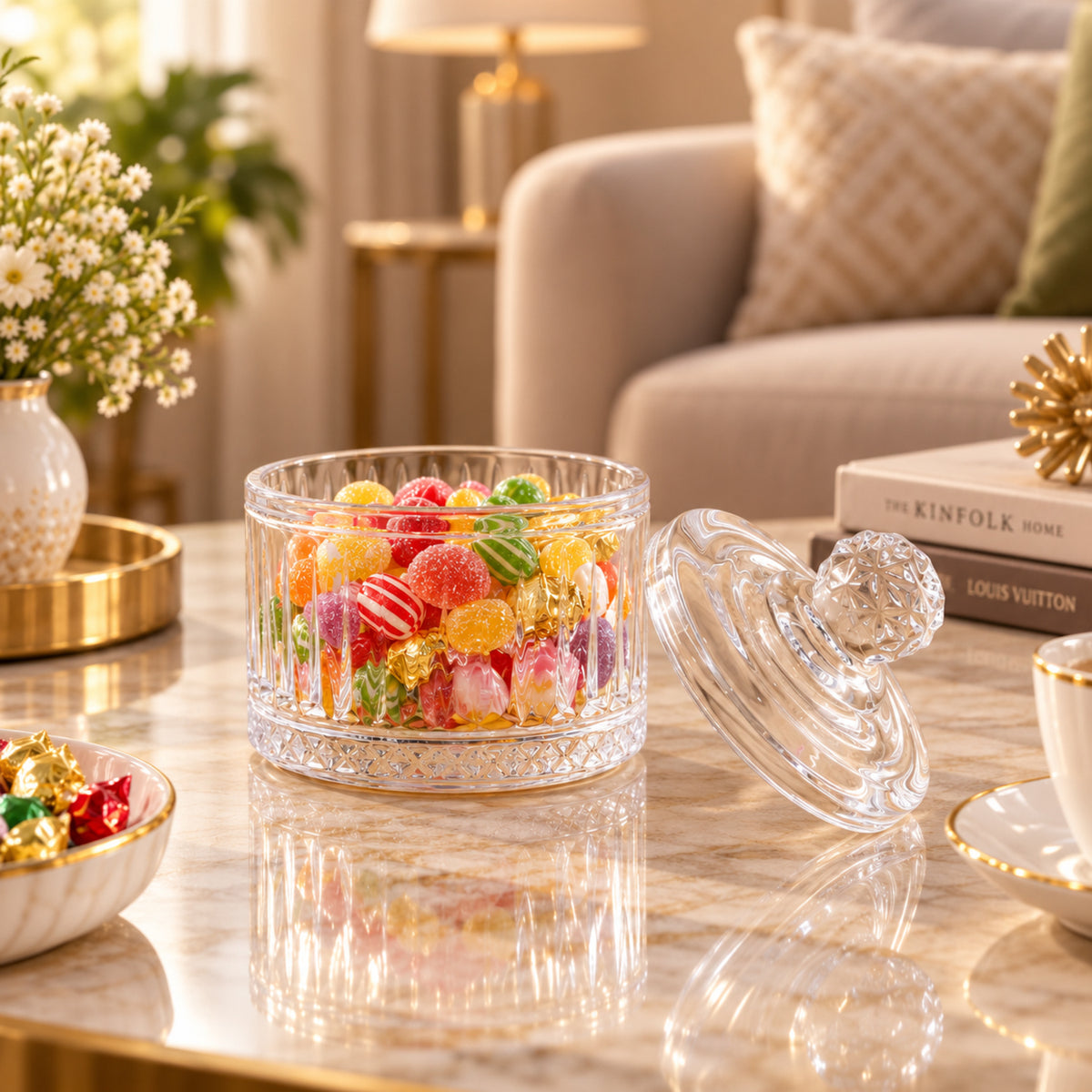 Open clear glass candy bowl with its lid resting beside it, revealing the bright candies inside on a reflective table.