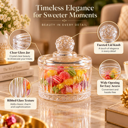 Detailed view of the clear glass candy bowl, highlighting its faceted knob and ribbed texture, filled with colorful sweets.