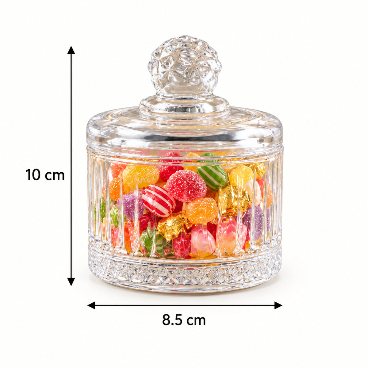 Glass candy bowl filled with colorful sweets, displaying its dimensions of 10 cm height and 8.5 cm width.