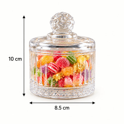 Glass candy bowl filled with colorful sweets, displaying its dimensions of 10 cm height and 8.5 cm width.