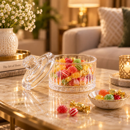 Glass candy bowl with lid removed, surrounded by loose candies and a small bowl, on a table with a lit candle.