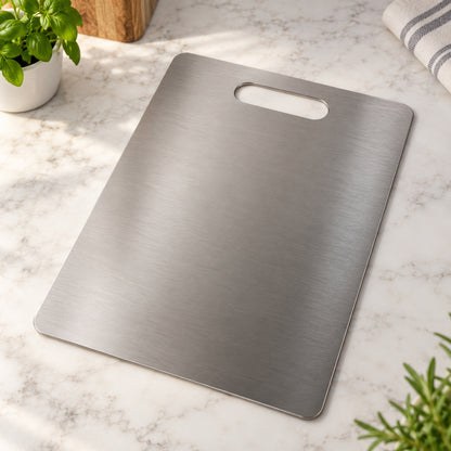 A sleek stainless steel cutting board with a handle slot rests on a light marble kitchen counter, with a plant nearby.
