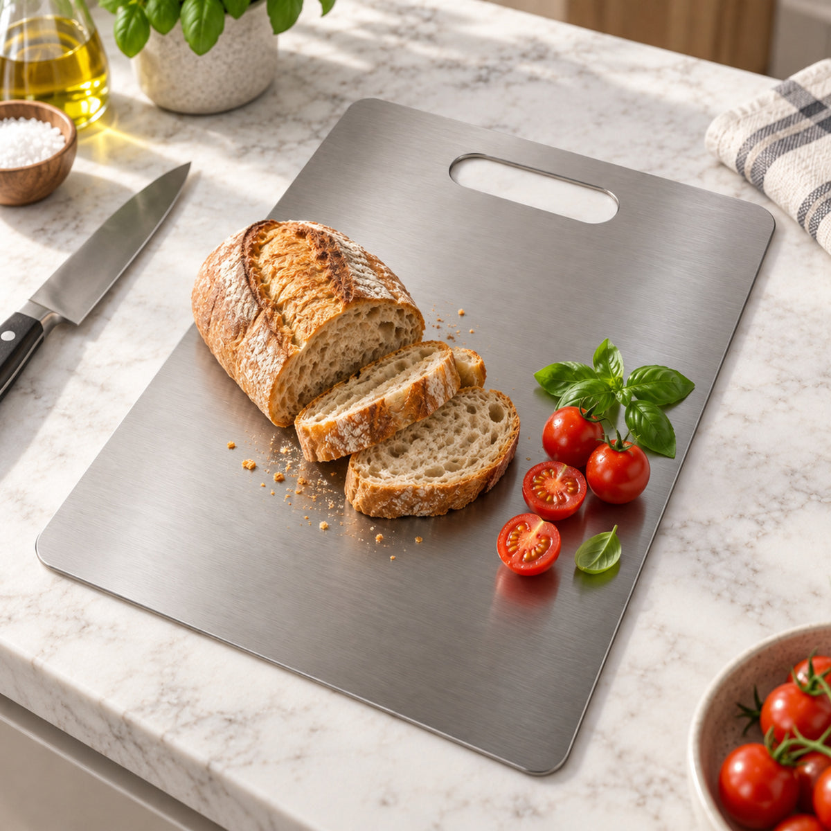 A stainless steel cutting board holds sliced artisan bread, fresh basil, and halved cherry tomatoes on a kitchen surface.