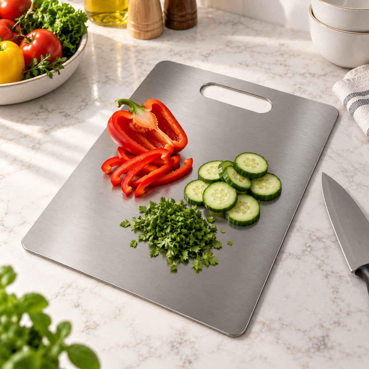 A brushed stainless steel cutting board with chopped red bell pepper, cucumber slices, and parsley on a marble counter.