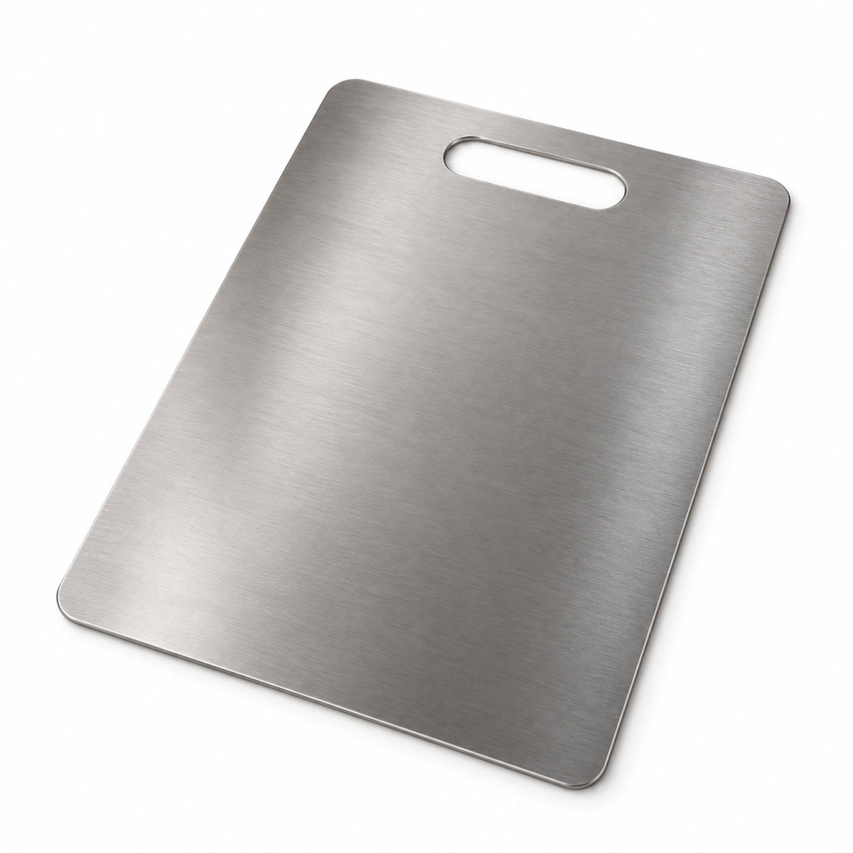 A rectangular brushed stainless steel cutting board with a top handle slot, displayed on a plain white background.