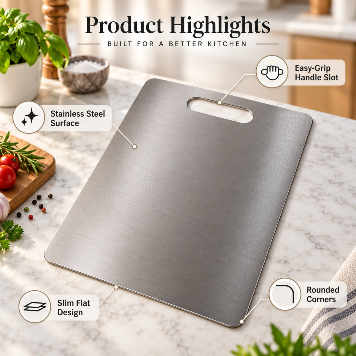 A stainless steel cutting board on a kitchen counter, highlighting its easy-grip handle, slim design, and rounded corners.
