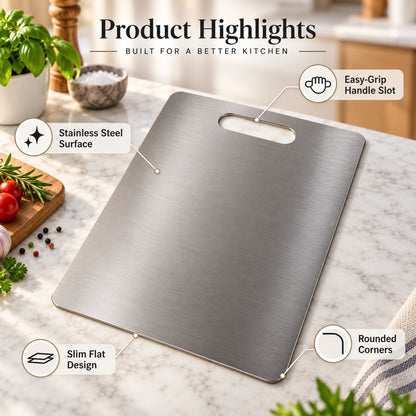 A stainless steel cutting board on a kitchen counter, highlighting its easy-grip handle, slim design, and rounded corners.