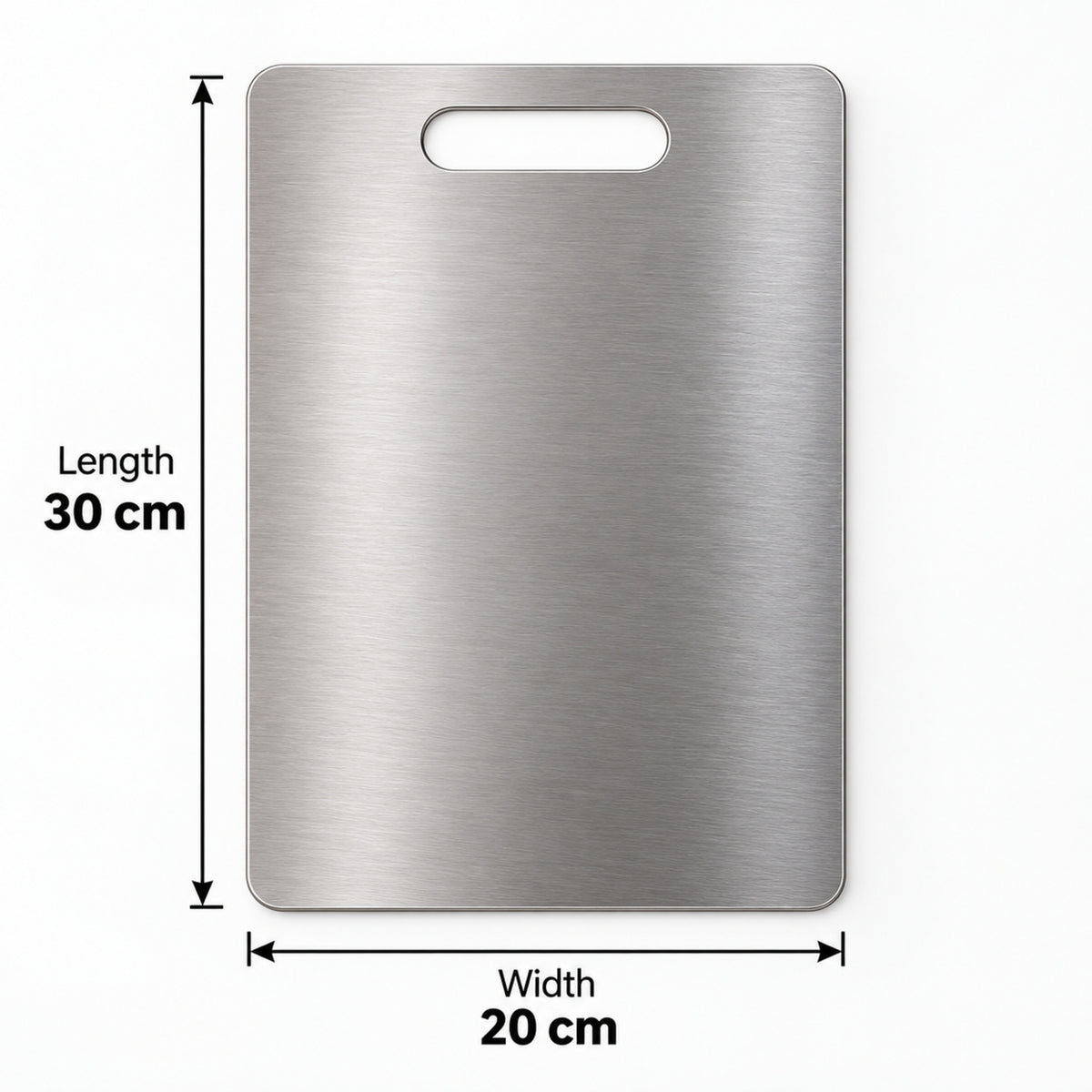 A rectangular stainless steel cutting board with a handle slot, showing its dimensions of 30 cm length and 20 cm width.