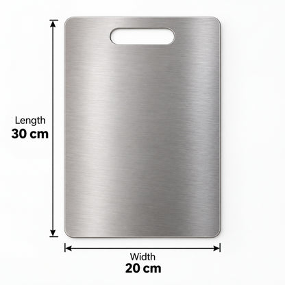 A rectangular stainless steel cutting board with a handle slot, showing its dimensions of 30 cm length and 20 cm width.