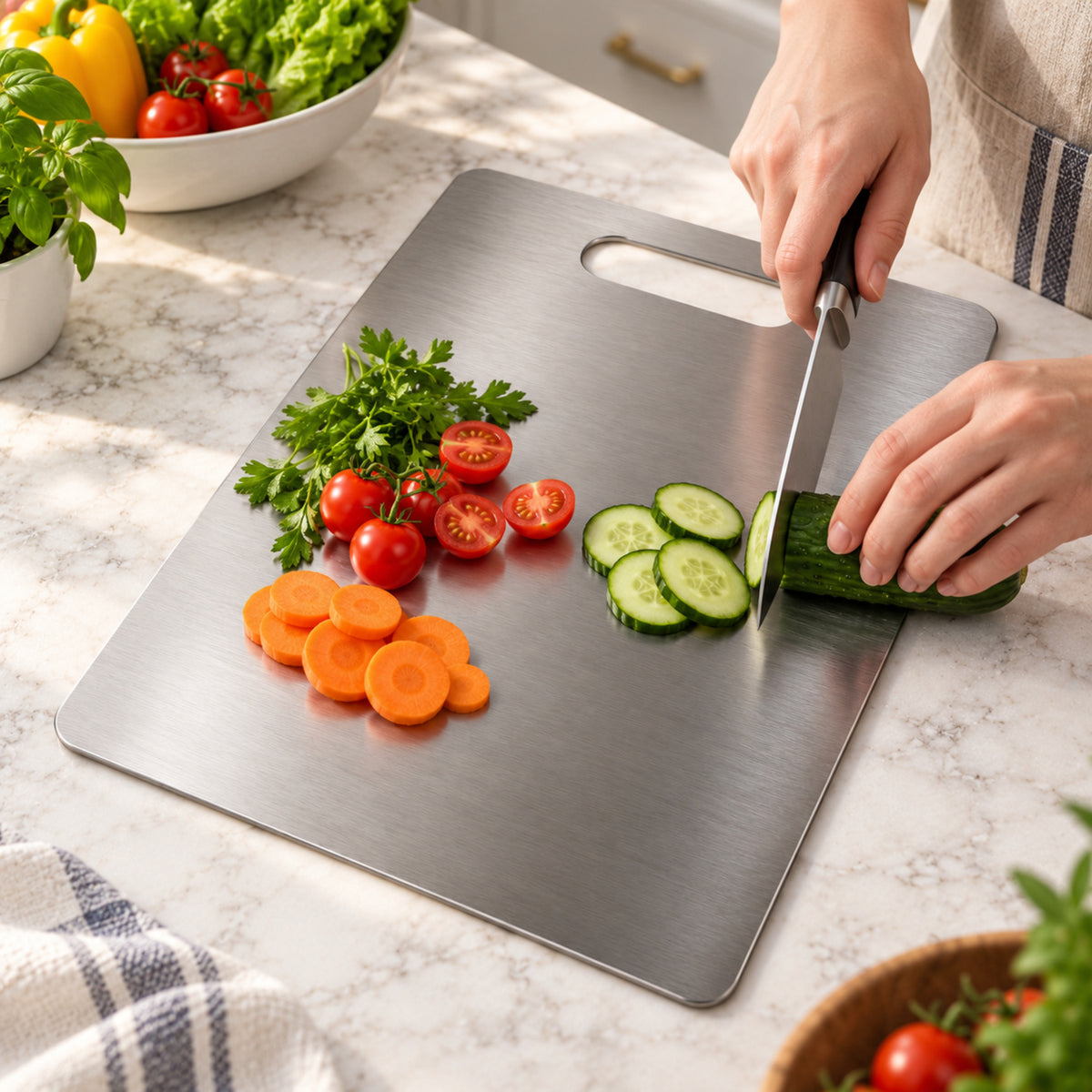 Hands are slicing a cucumber on a brushed metal cutting board, alongside chopped carrots, cherry tomatoes, and fresh herbs.