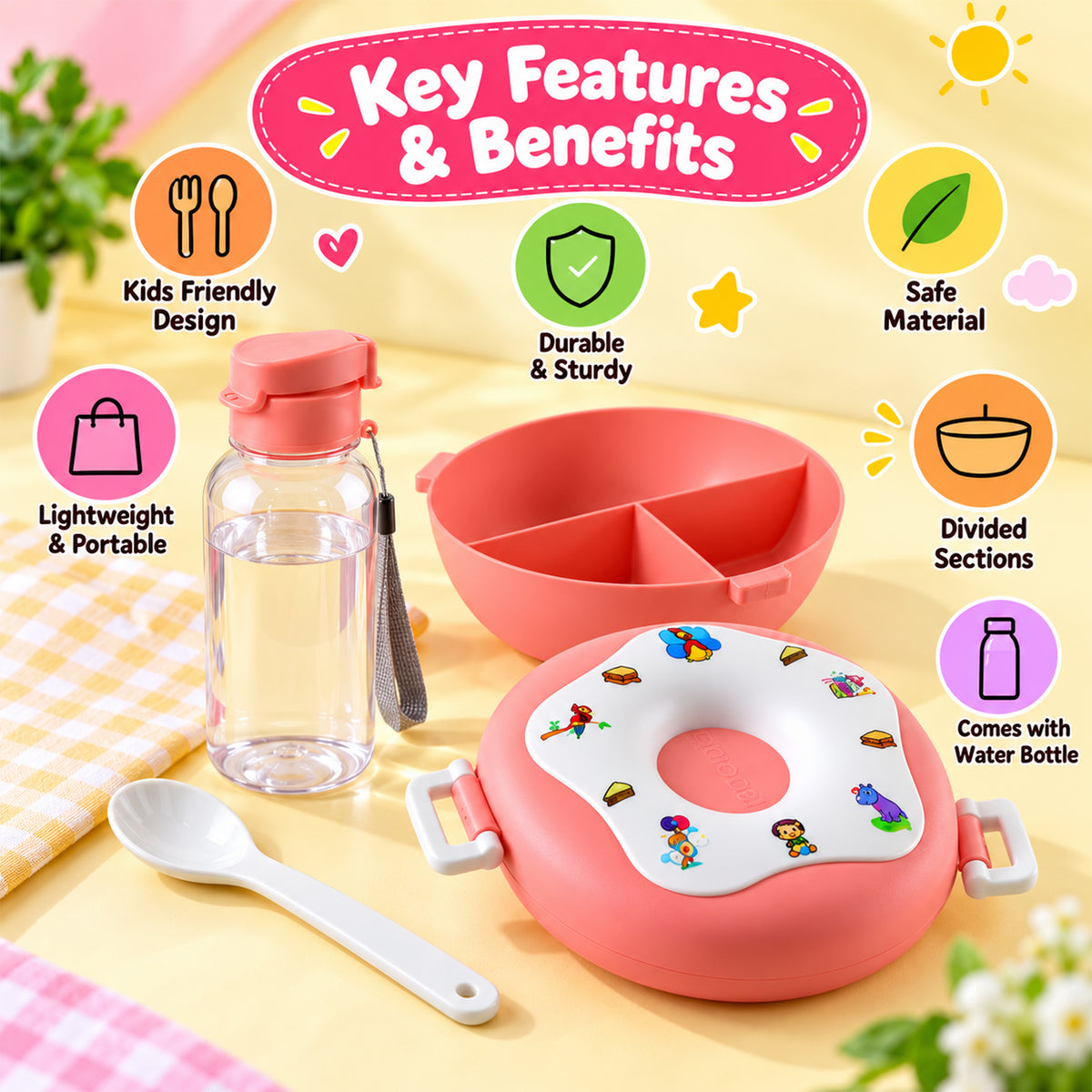 Kids plastic lunch box with water bottle view 03