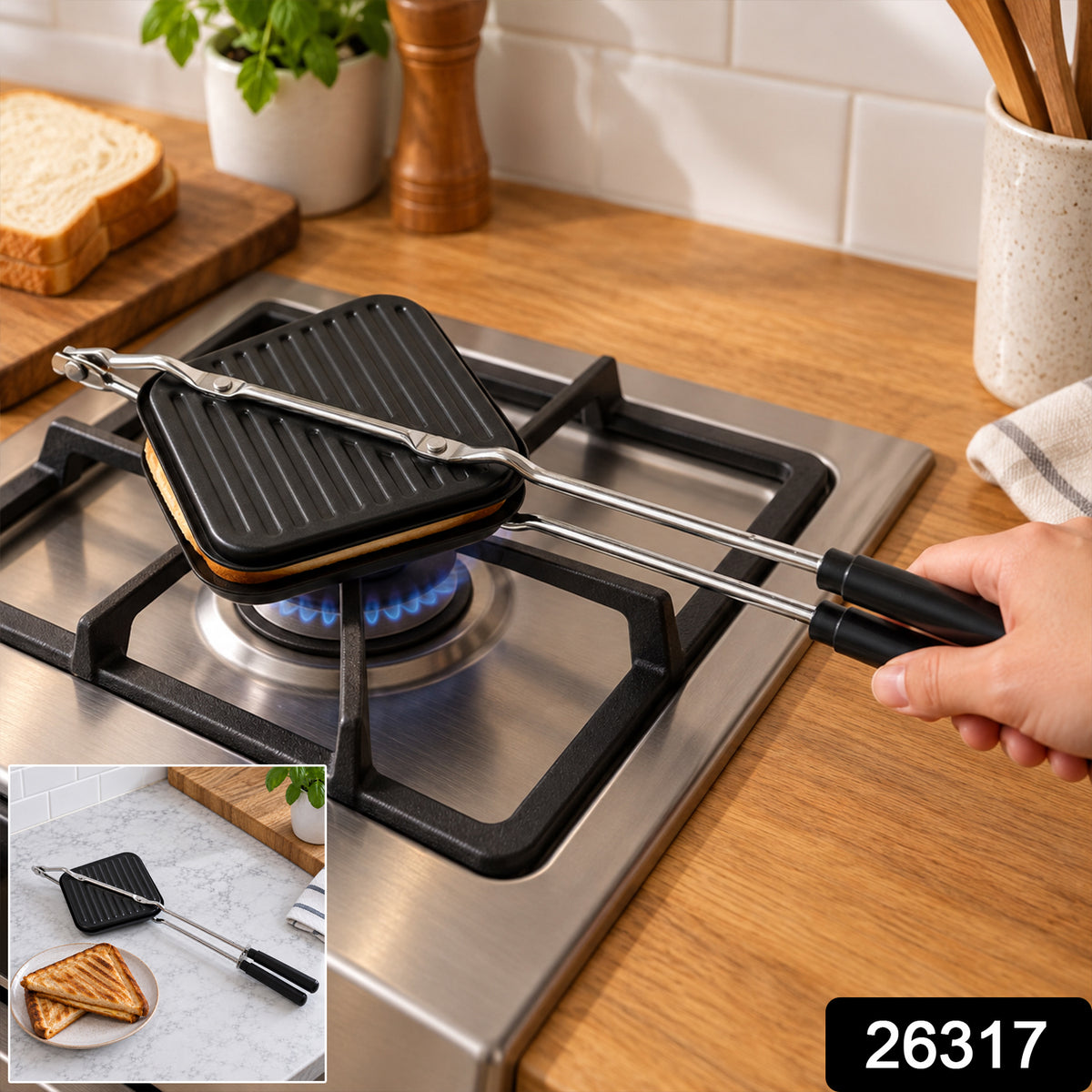 Stovetop non-stick sandwich toaster with long handles, supplied SKU photo