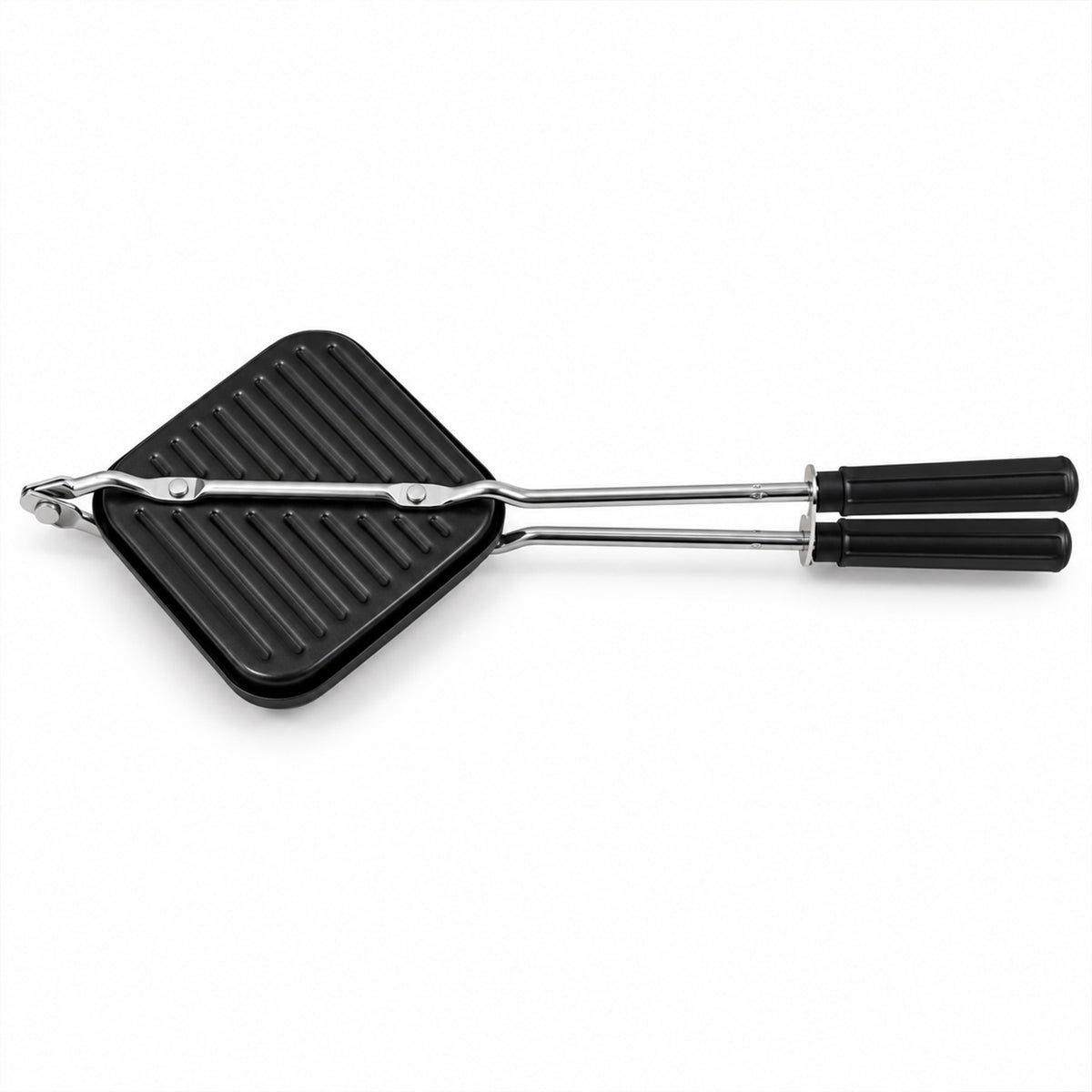 Stovetop non-stick sandwich toaster with long handles, white background view