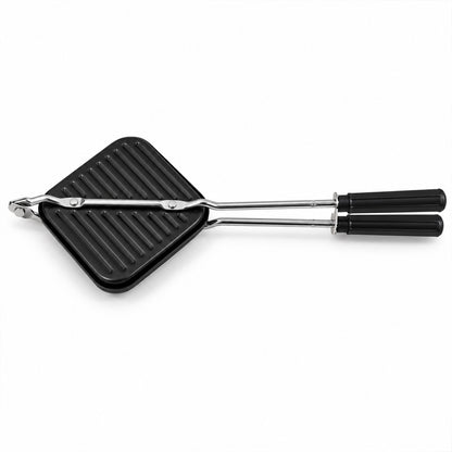 Stovetop non-stick sandwich toaster with long handles, white background view