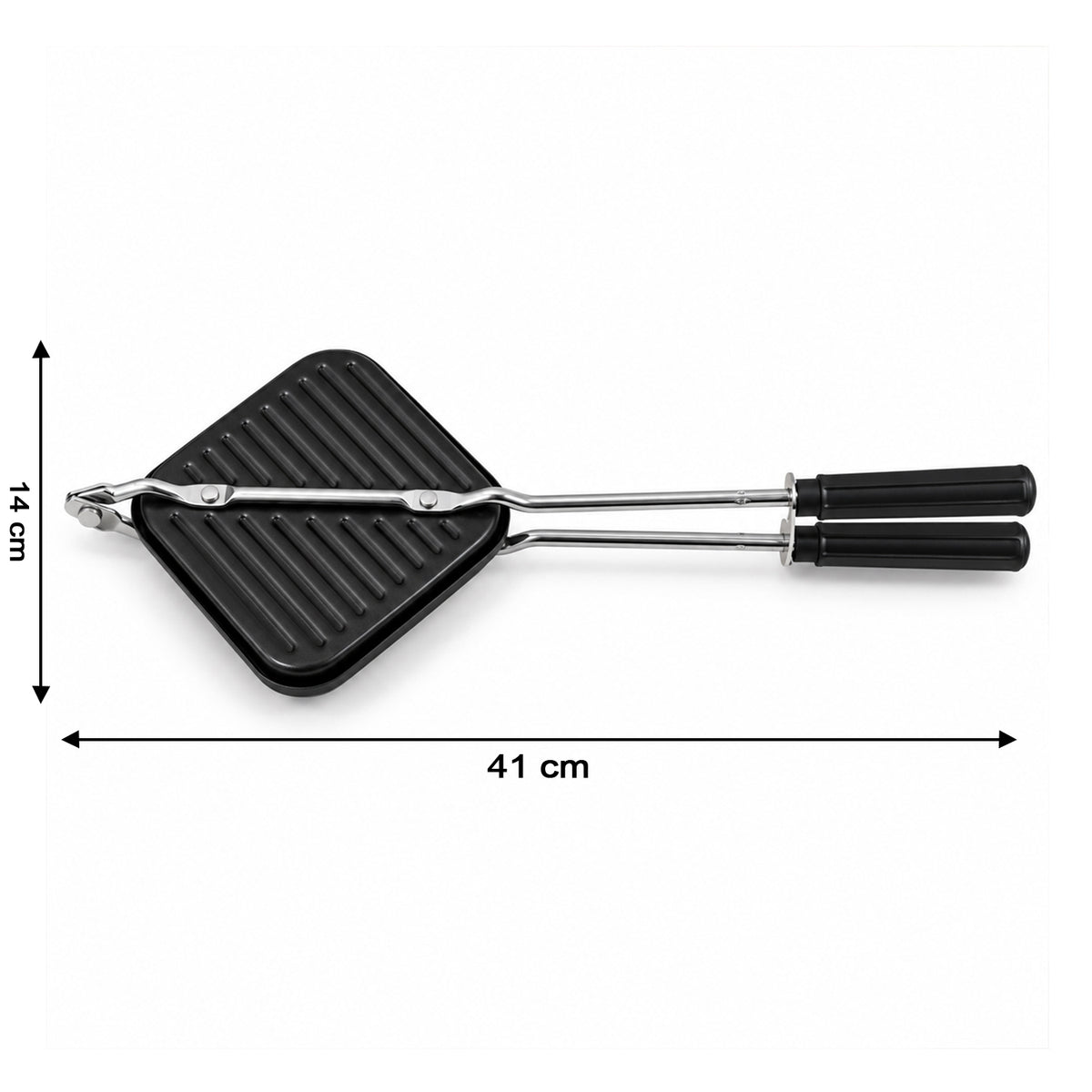 Stovetop non-stick sandwich toaster with long handles, dimensions