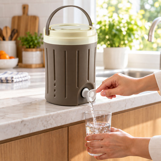 A person fills a clear glass with water from a brown and cream insulated jug on a kitchen counter.