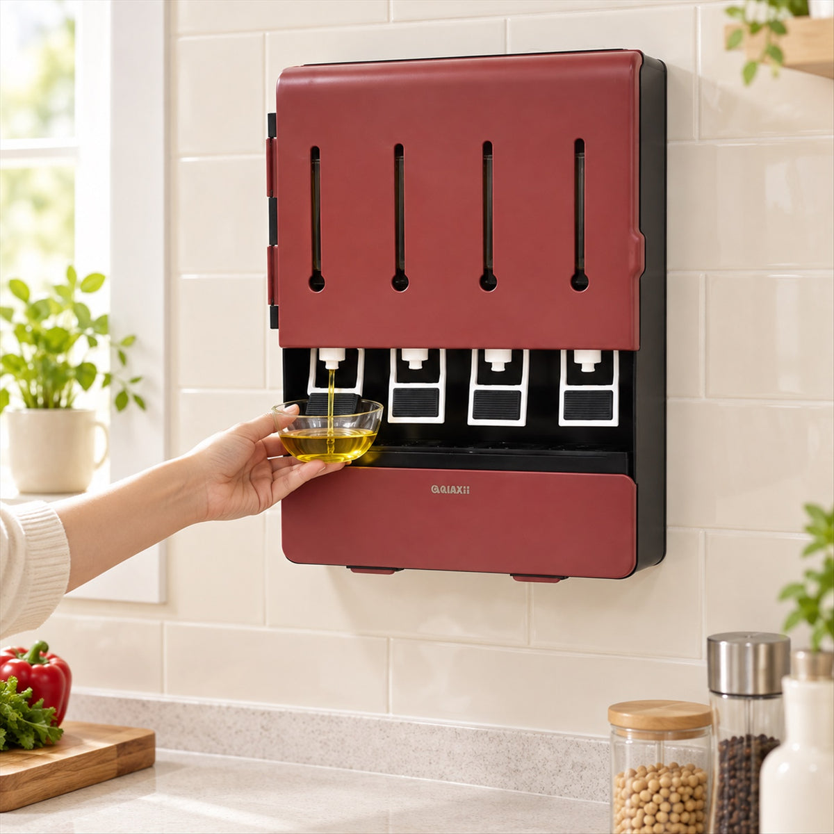 Kitchen oil dispenser with four containers and dispensing levers 1