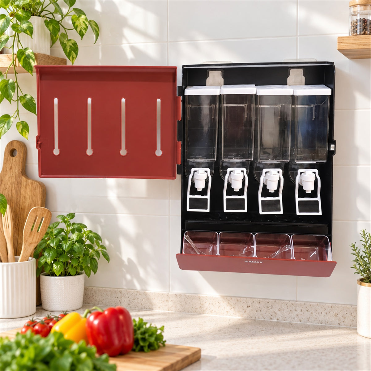 Kitchen oil dispenser with four containers and dispensing levers 4