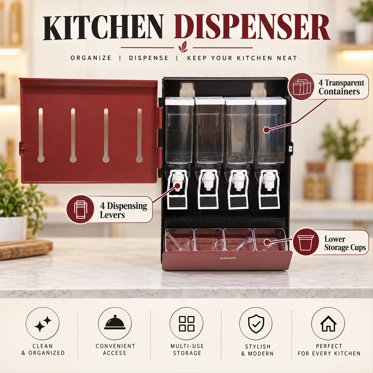 Kitchen oil dispenser with four containers and dispensing levers 7