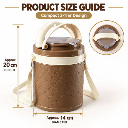 Three layer insulated tiffin box with steel containers approximate 20 Cm height and 14 Cm diameter