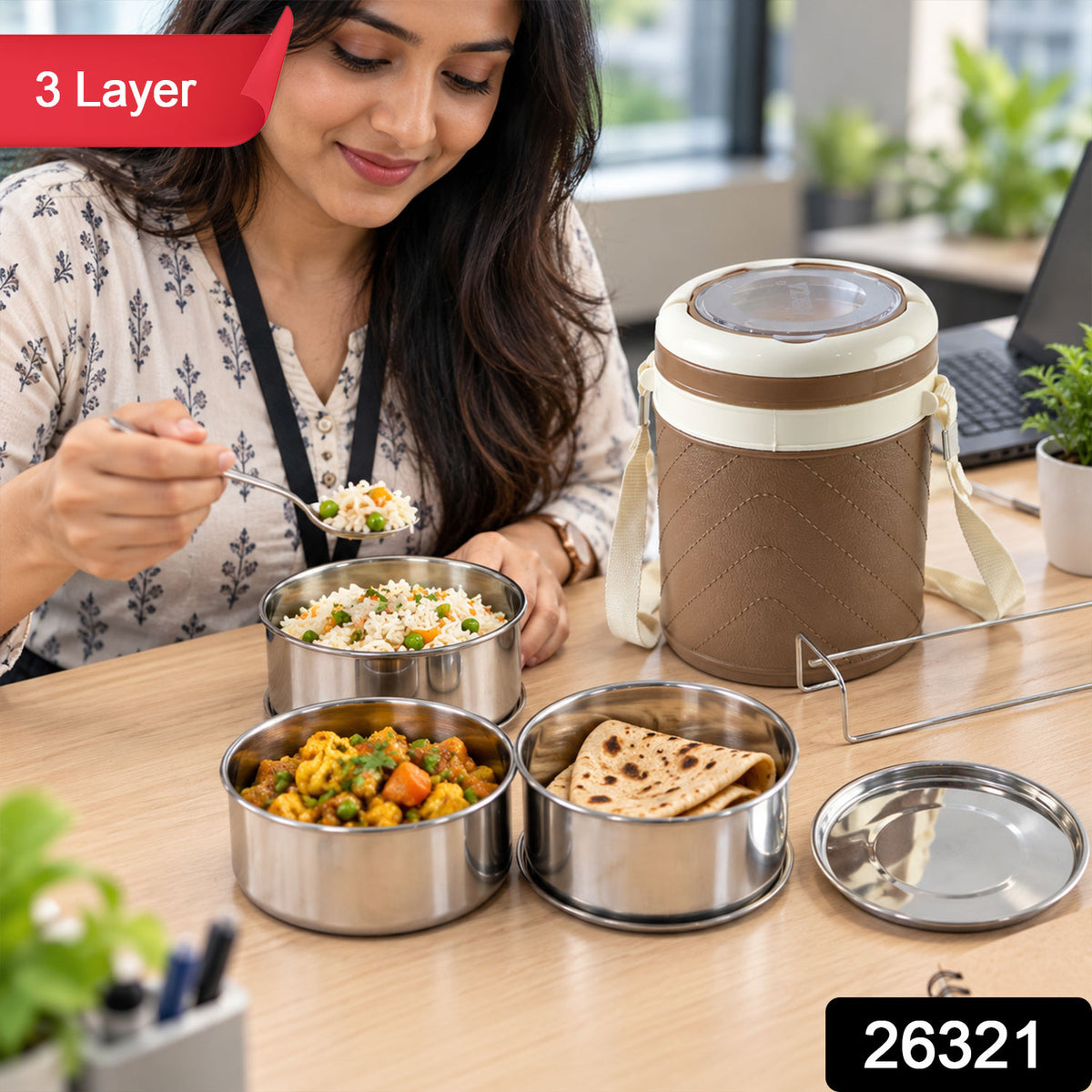 Three layer insulated tiffin box with steel containers 3 Layer label