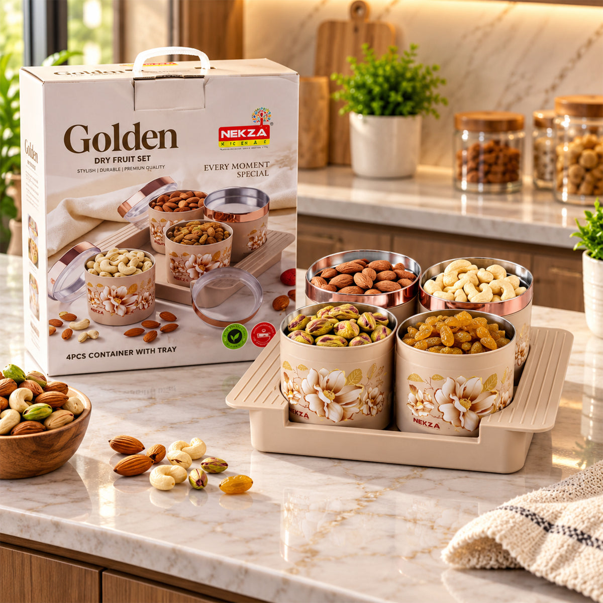Nekza Golden dry fruit container set with serving tray, 4 containers, product view 1