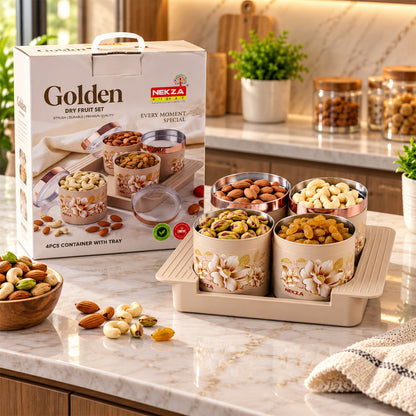 Nekza Golden dry fruit container set with serving tray, 4 containers, product view 1