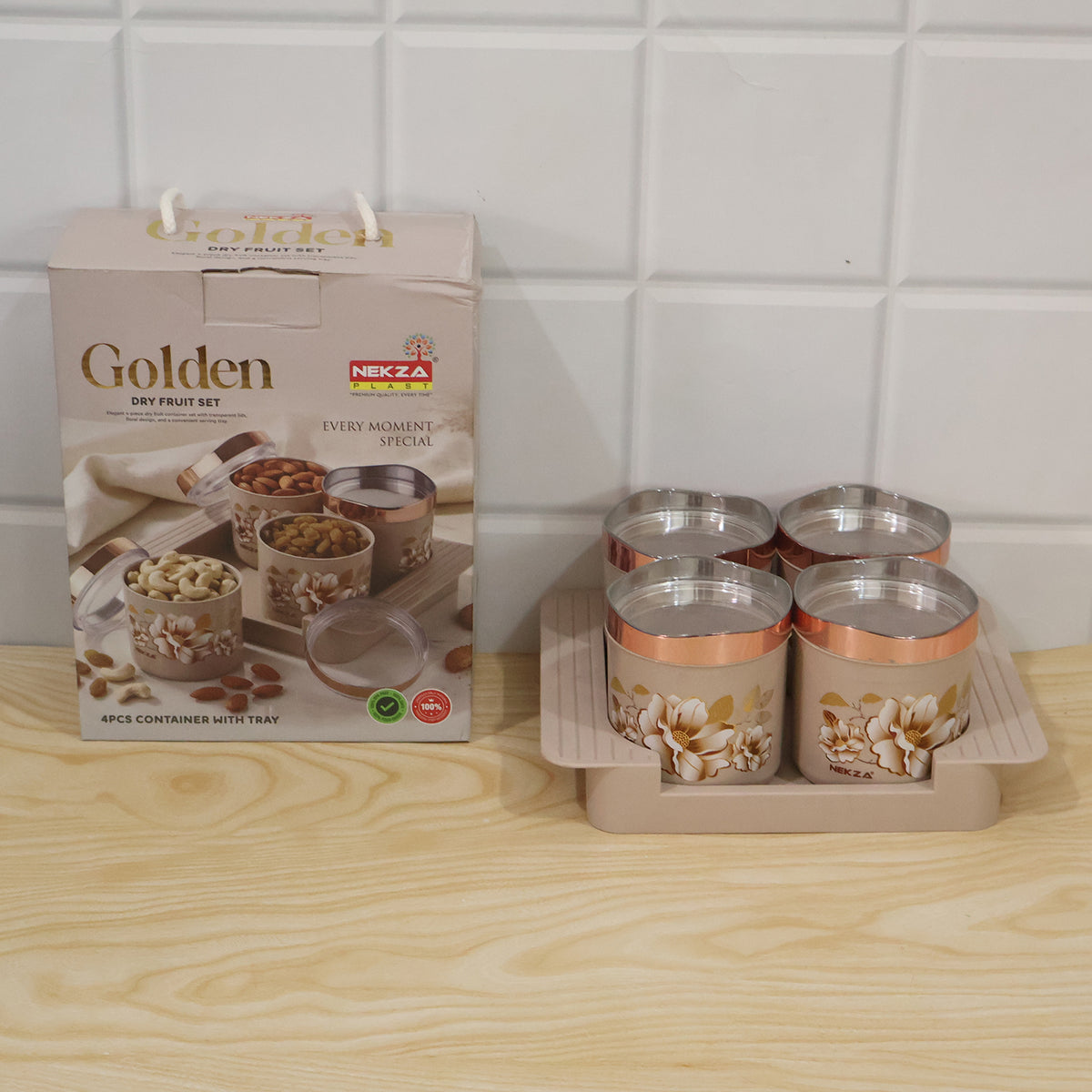 Nekza Golden dry fruit container set with serving tray, 4 containers, actual product and box photo
