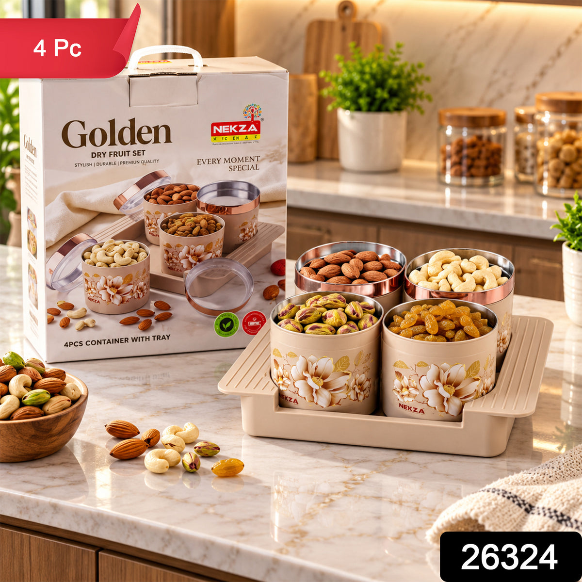 Nekza Golden dry fruit container set with serving tray, 4 containers, supplied SKU photo
